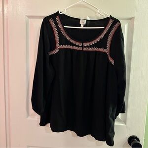 Dressbarn Black Blouse with Red Boho Embroidery